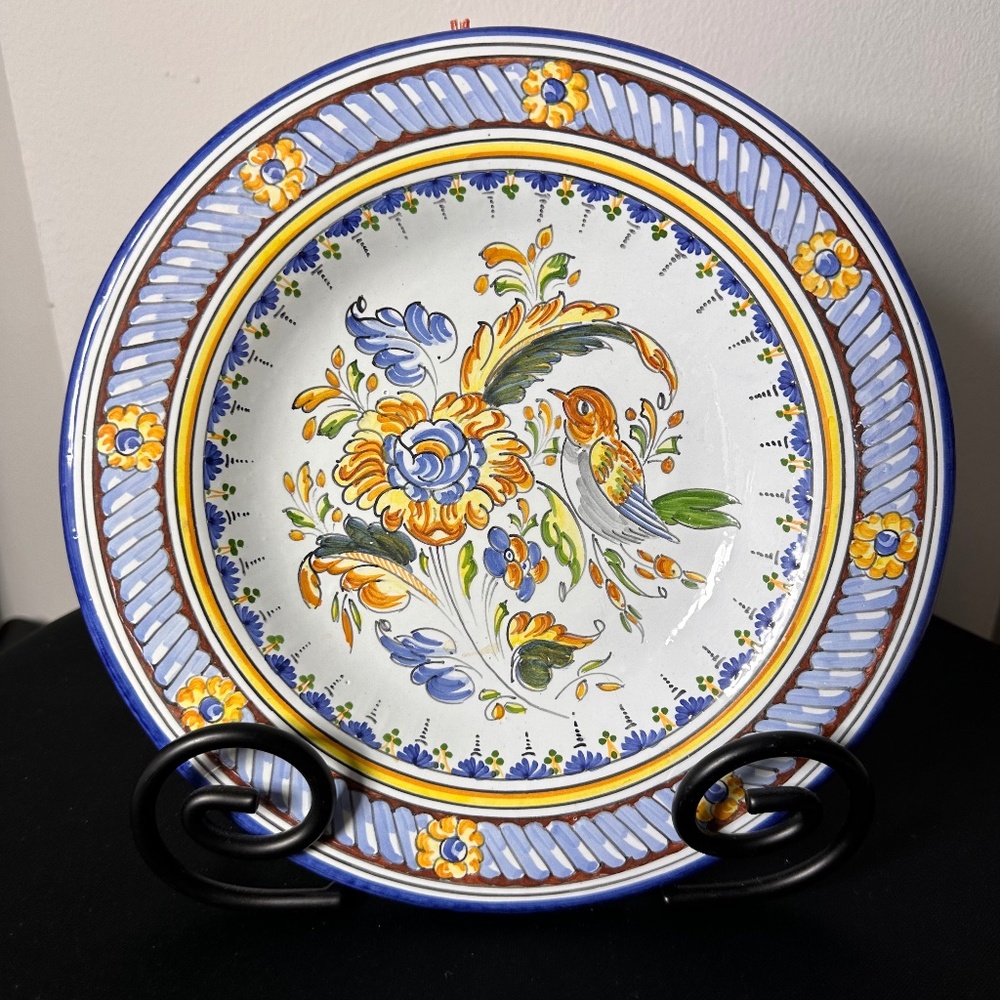 Hand-Painted Spanish Ceramic Wall Plate Bird & Floral Design Blue White Yellow